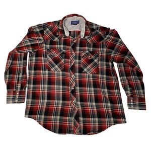 Vintage Williams Bay Western Flannel Shirt XXL Red Plaid Pearl Snap